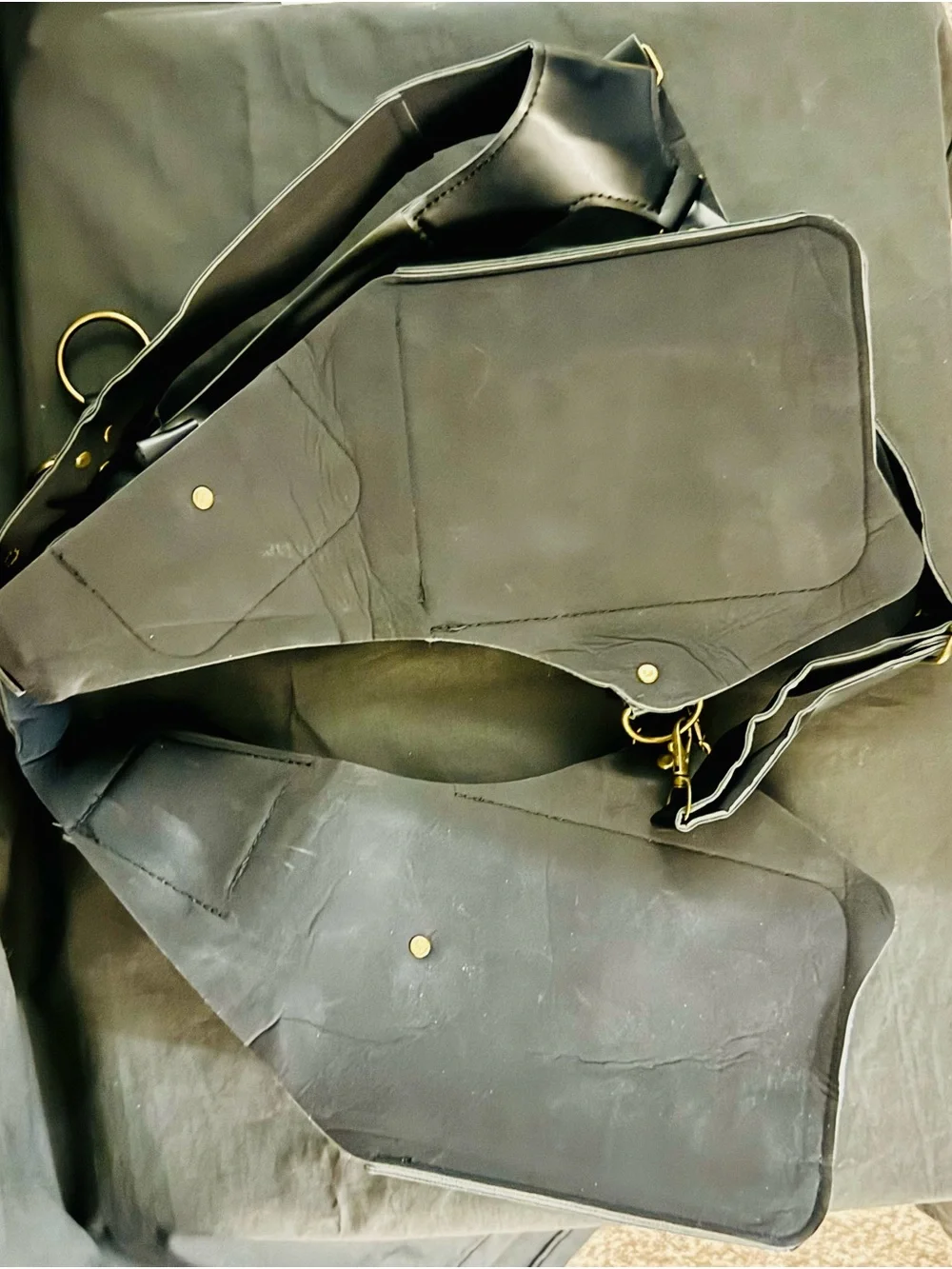 Black Leather Crossbody Harness Bag with Gold Hardware